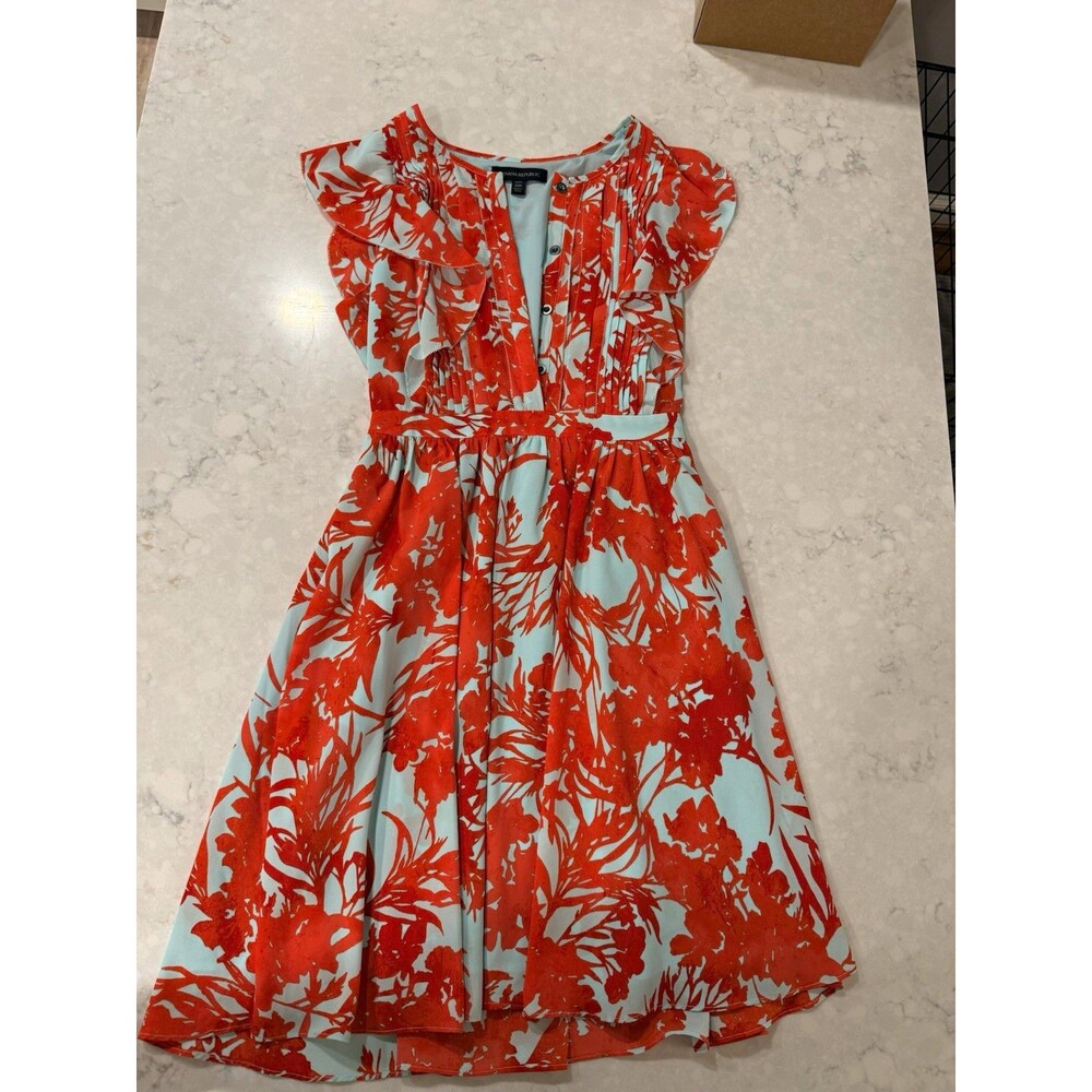 Banana Republic Red Light Blue Floral V-Neck Fit & Flare Lined Dress 00P